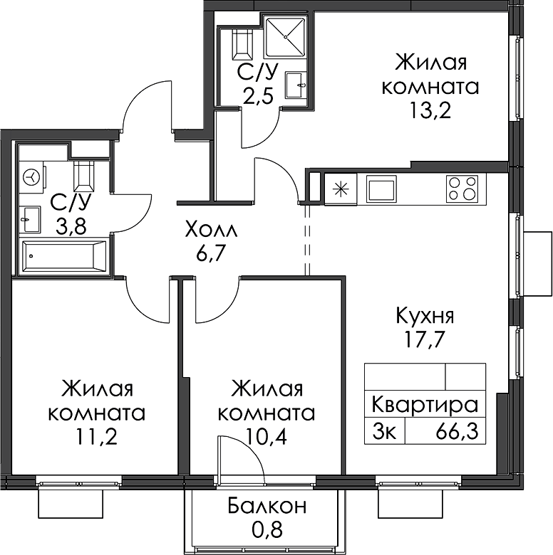3-комнатная квартира 66.3 м², 7/15 эт., ЖК «Заречный парк»